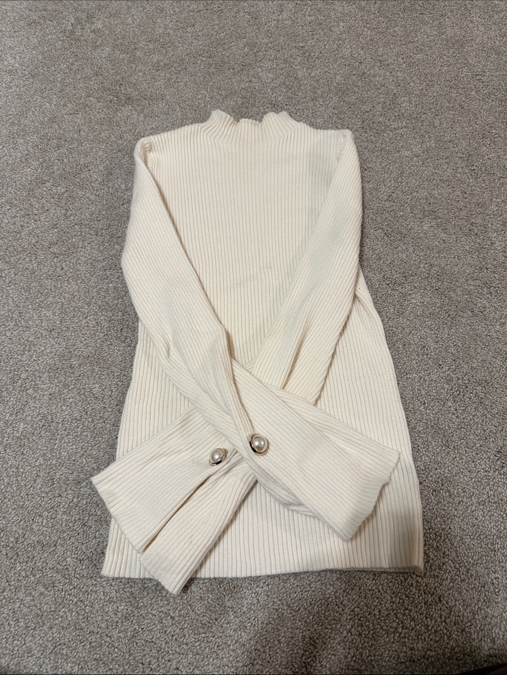 Cream Ribbed Mock Neck Sweater with Button Cuffs